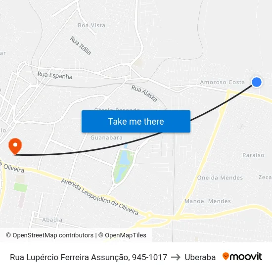 Rua Lupércio Ferreira Assunção, 945-1017 to Uberaba map