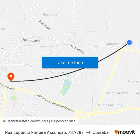 Rua Lupércio Ferreira Assunção, 737-787 to Uberaba map