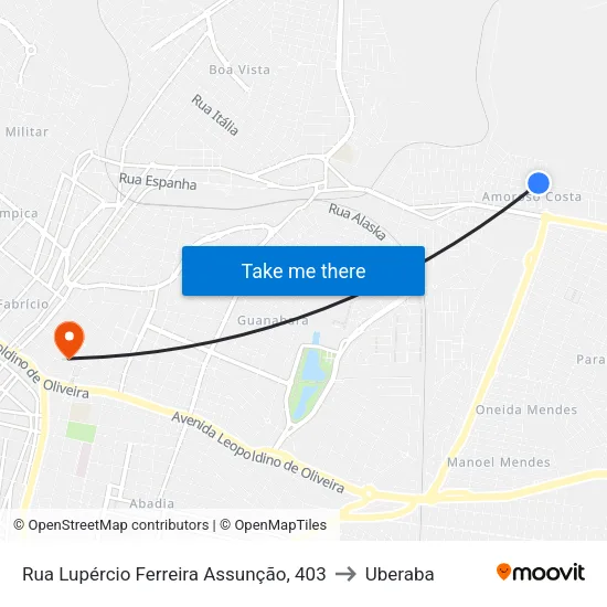 Rua Lupércio Ferreira Assunção, 403 to Uberaba map