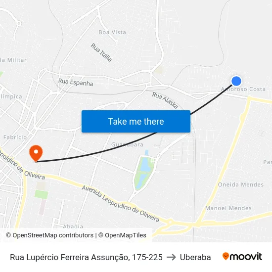 Rua Lupércio Ferreira Assunção, 175-225 to Uberaba map