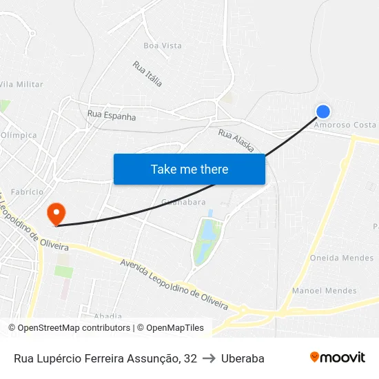 Rua Lupércio Ferreira Assunção, 32 to Uberaba map