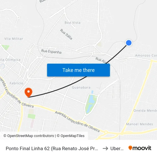 Ponto Final Linha 62 (Rua Renato José Prudêncio) to Uberaba map