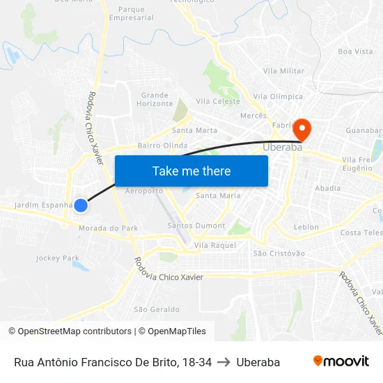 Rua Antônio Francisco De Brito, 18-34 to Uberaba map