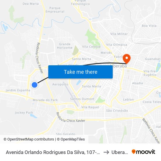 Avenida Orlando Rodrigues Da Silva, 107-155 to Uberaba map