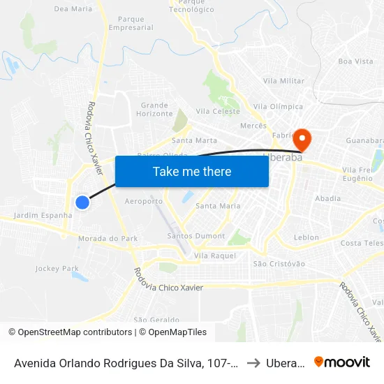 Avenida Orlando Rodrigues Da Silva, 107-155 to Uberaba map