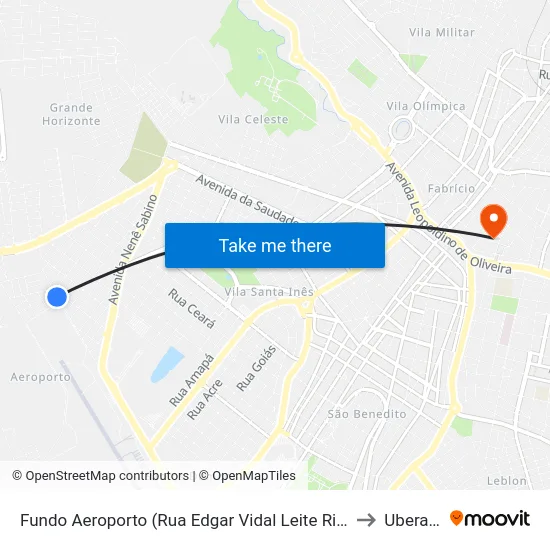 Fundo Aeroporto (Rua Edgar Vidal Leite Ribeiro) to Uberaba map