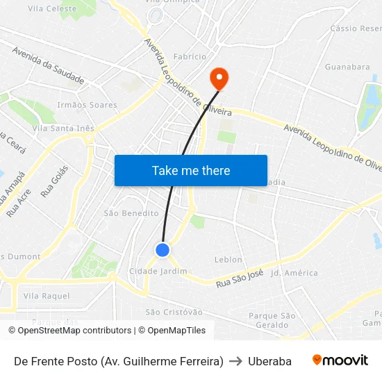 De Frente Posto (Av. Guilherme Ferreira) to Uberaba map