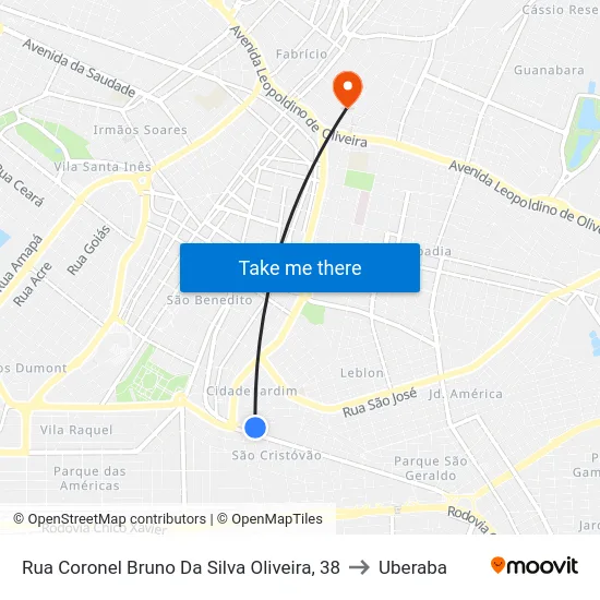 Rua Coronel Bruno Da Silva Oliveira, 38 to Uberaba map