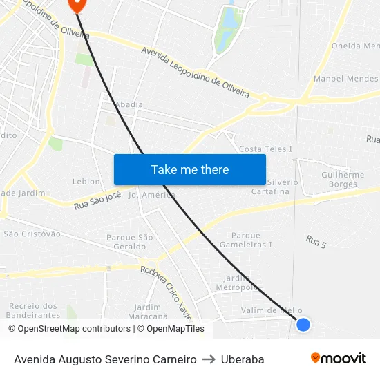 Avenida Augusto Severino Carneiro to Uberaba map