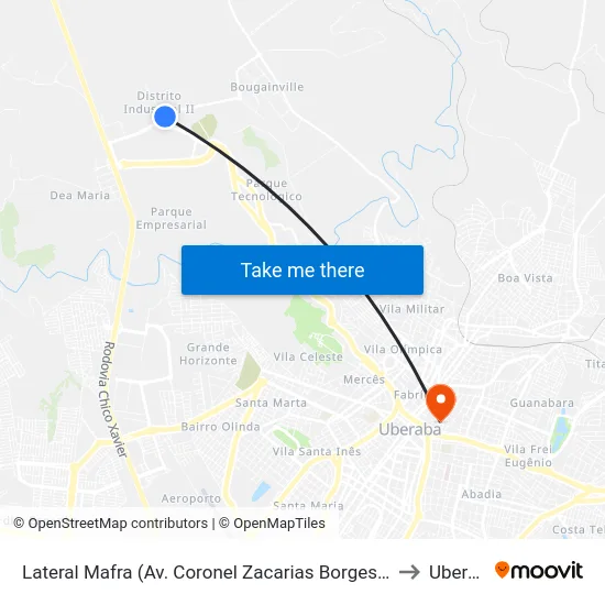 Lateral Mafra (Av. Coronel Zacarias Borges De Araújo) to Uberaba map