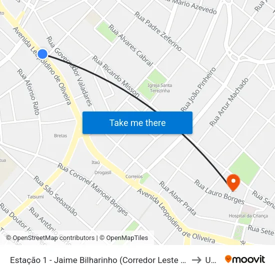 Estação 1 - Jaime Bilharinho (Corredor Leste - Oeste / Linha Verde) - Av. Leopoldino De Oliveira to Uberaba map