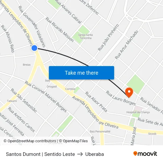 Santos Dumont | Sentido Leste to Uberaba map