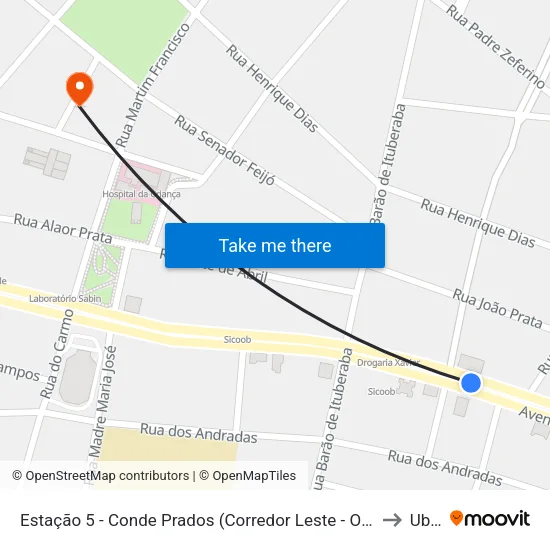 Estação 5 - Conde Prados (Corredor Leste - Oeste / Linha Verde) - Av. Leopoldino De Oliveira to Uberaba map