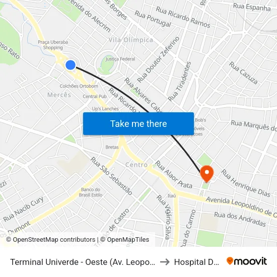 Terminal Univerde - Oeste (Av. Leopoldino De Oliveira, 5100) to Hospital Da Criança map