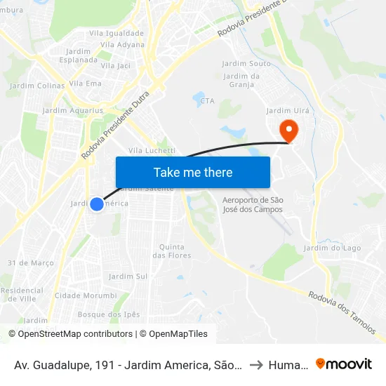 Av. Guadalupe, 191 - Jardim America, São José Dos Campos to Humanitas map