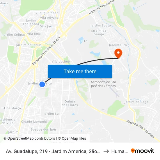 Av. Guadalupe, 219 - Jardim America, São José Dos Campos to Humanitas map