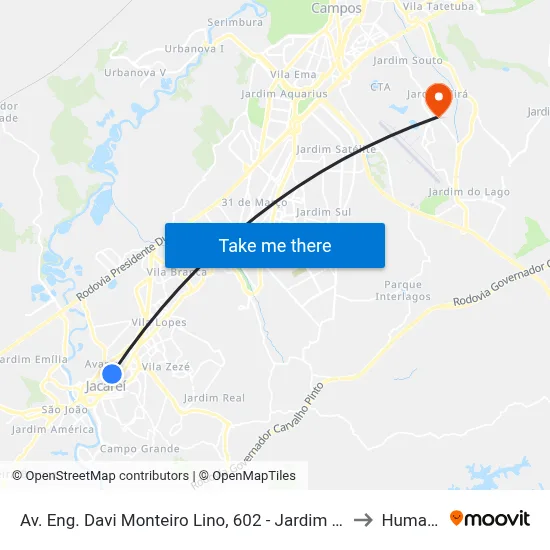 Av. Eng. Davi Monteiro Lino, 602 - Jardim Mesquita, Jacareí to Humanitas map