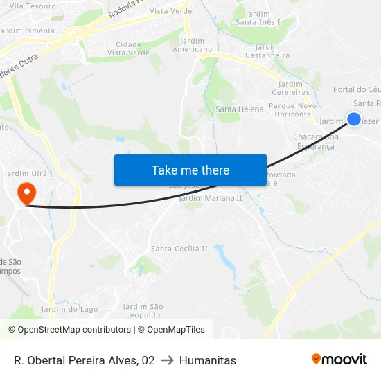 R. Obertal Pereira Alves, 02 to Humanitas map