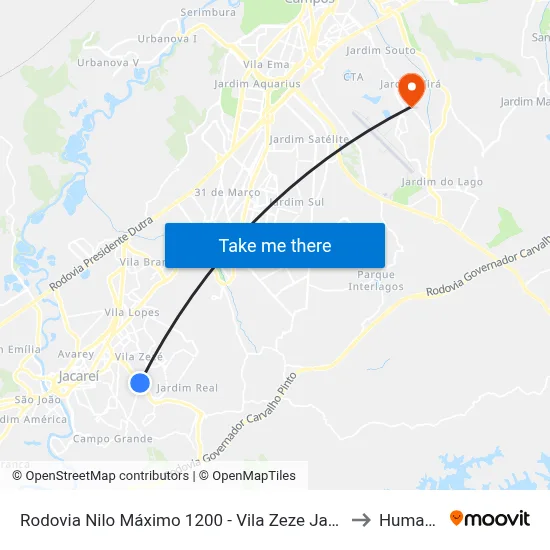 Rodovia Nilo Máximo 1200 - Vila Zeze Jacareí - SP Brasil to Humanitas map