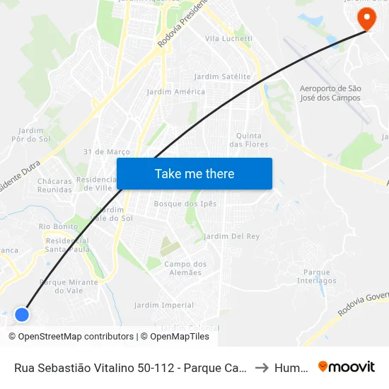 Rua Sebastião Vitalino 50-112 - Parque Califórnia Jacareí - SP Brasil to Humanitas map