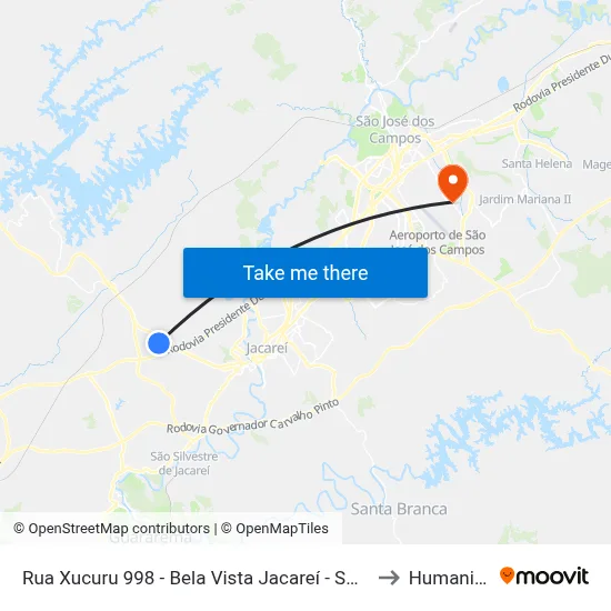 Rua Xucuru 998 - Bela Vista Jacareí - SP Brasil to Humanitas map