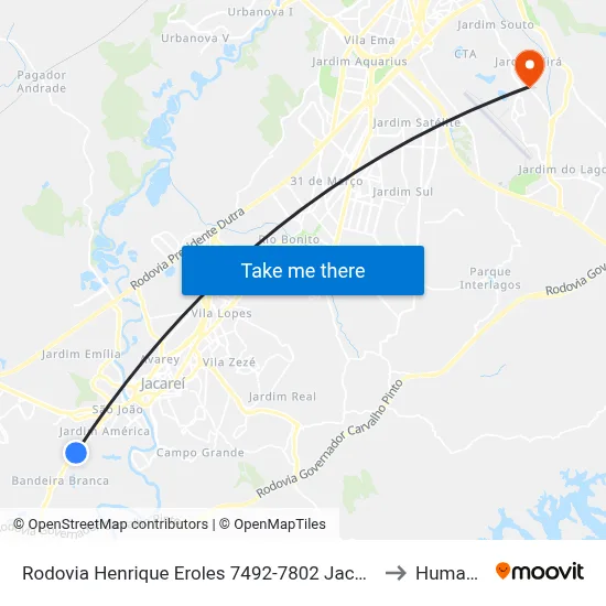 Rodovia Henrique Eroles 7492-7802 Jacareí - SP Brasil to Humanitas map