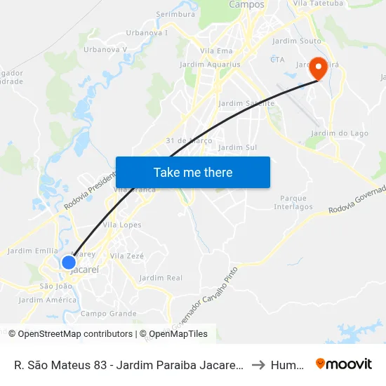 R. São Mateus 83 - Jardim Paraiba Jacareí - SP 12327-661 Brasil to Humanitas map