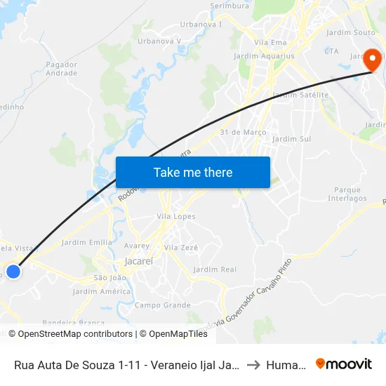 Rua Auta De Souza 1-11 - Veraneio Ijal Jacareí - SP Brasil to Humanitas map