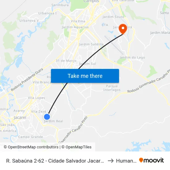 R. Sabaúna 2-62 - Cidade Salvador Jacareí - SP Brasil to Humanitas map