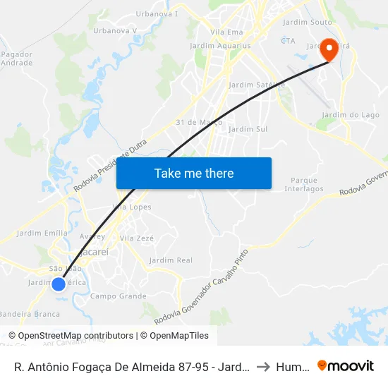 R. Antônio Fogaça De Almeida 87-95 - Jardim America Jacareí - SP Brasil to Humanitas map
