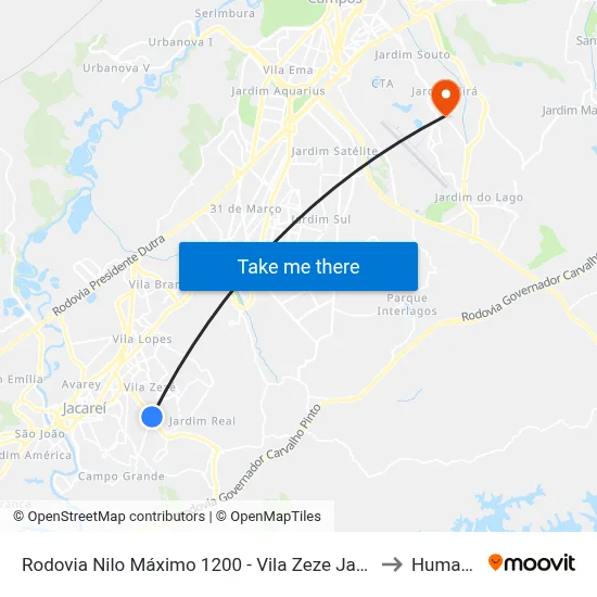 Rodovia Nilo Máximo 1200 - Vila Zeze Jacareí - SP Brasil to Humanitas map