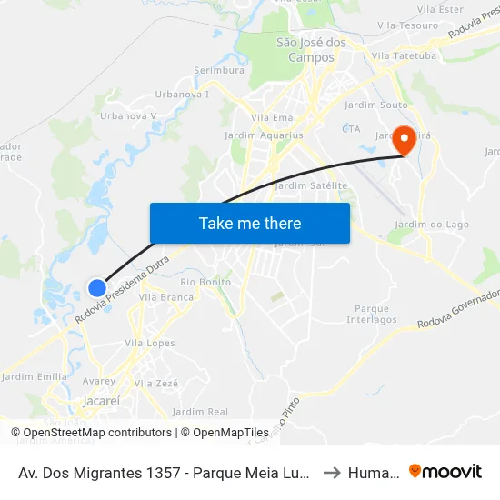 Av. Dos Migrantes 1357 - Parque Meia Lua Jacareí - SP Brasil to Humanitas map