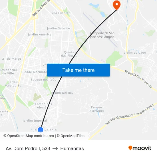 Av. Dom Pedro I, 533 to Humanitas map