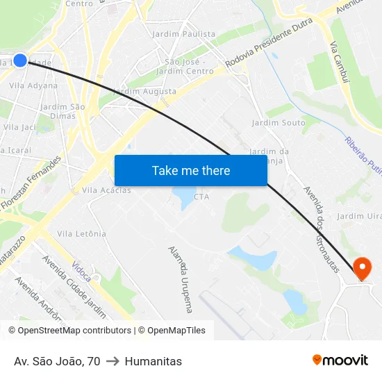 Av. São João, 70 to Humanitas map