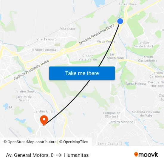Av. General Motors, 0 to Humanitas map