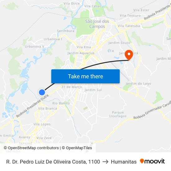 R. Dr. Pedro Luiz De Oliveira Costa, 1100 to Humanitas map