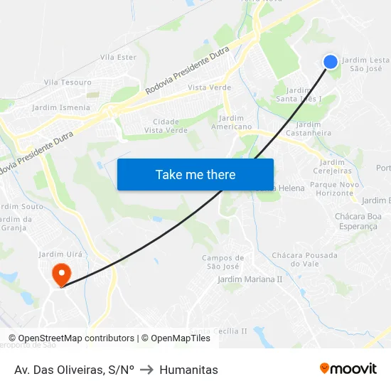 Av. Das Oliveiras, S/Nº to Humanitas map