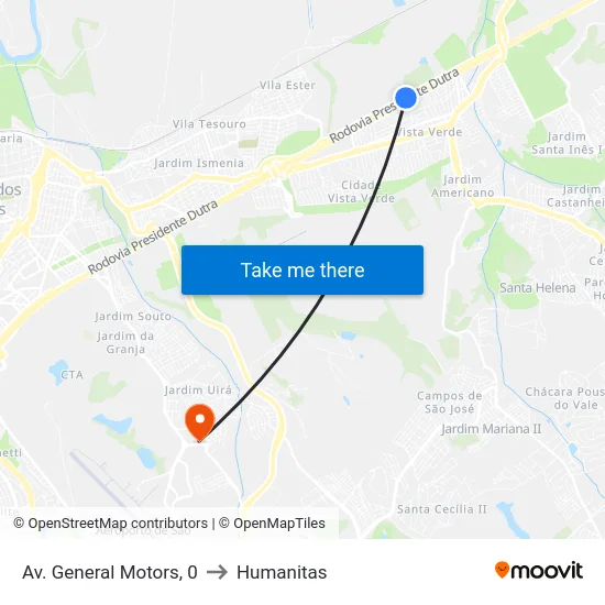 Av. General Motors, 0 to Humanitas map