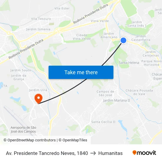Av. Presidente Tancredo Neves, 1840 to Humanitas map