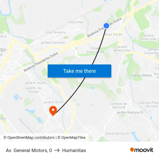 Av. General Motors, 0 to Humanitas map