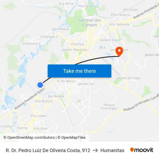 R. Dr. Pedro Luiz De Oliveira Costa, 912 to Humanitas map