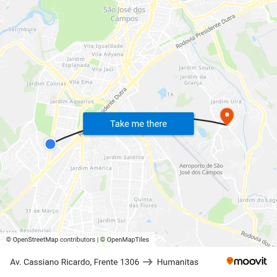 Av. Cassiano Ricardo, Frente 1306 to Humanitas map