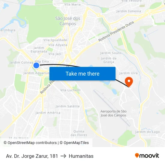 Av. Dr. Jorge Zarur, 181 to Humanitas map