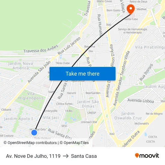 Av. Nove De Julho, 1119 to Santa Casa map
