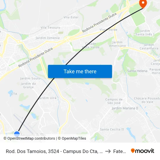 Rod. Dos Tamoios, 3524 - Campus Do Cta, São José Dos Campos to Fatec - Sjc map