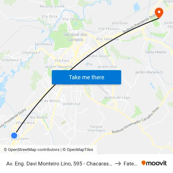 Av. Eng. Davi Monteiro Lino, 595 - Chacaras Rurais Santa Maria, Jacareí to Fatec - Sjc map