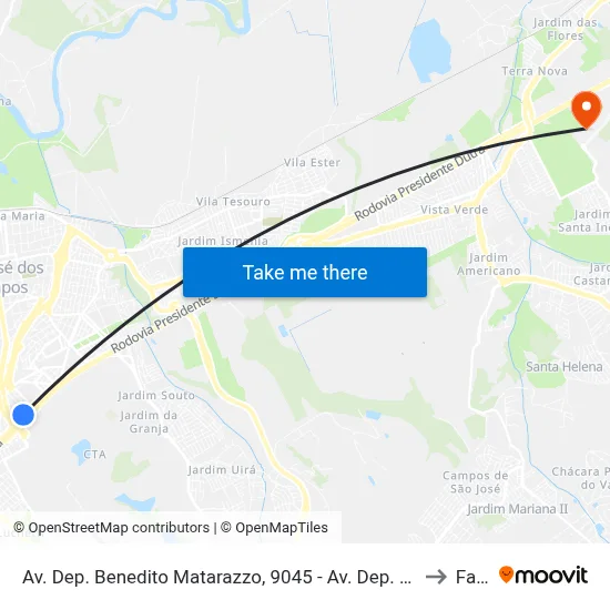 Av. Dep. Benedito Matarazzo, 9045 - Av. Dep. Benedito Matarazzo, 9045 - Jardim Oswaldo Cruz, São José Dos Campos to Fatec - Sjc map