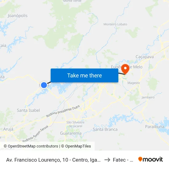 Av. Francisco Lourenço, 10 - Centro, Igaratá to Fatec - Sjc map