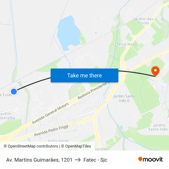 Av. Martins Guimarães, 1201 to Fatec - Sjc map