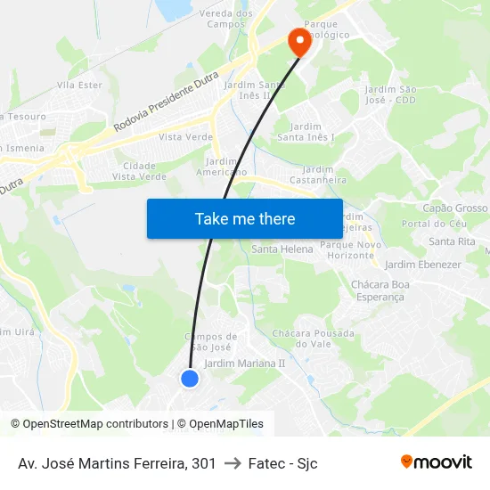 Av. José Martins Ferreira, 301 to Fatec - Sjc map